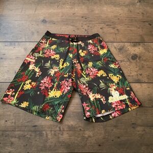 Dixxon Board Shorts Mens Size 34 Black Tropical Floral Hibiscus Swim Trunks Logo